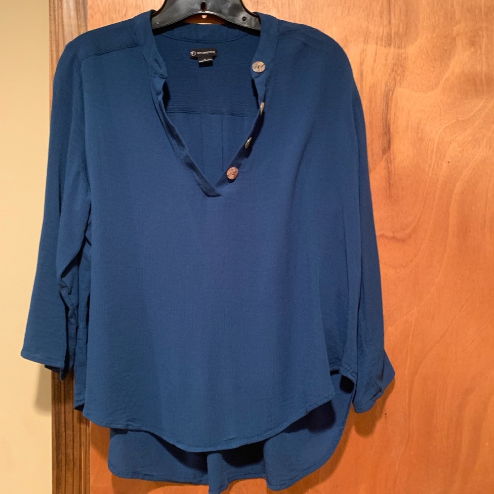 New Directions Teal Blue Roll Tab Sleeve Blouse Size Large
